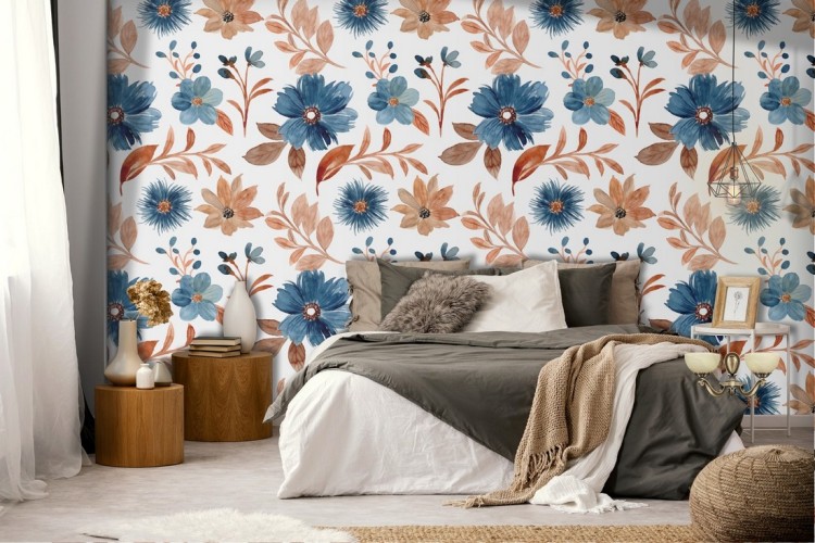 Vintage floral wallpaper and blue brown autumn leaves.