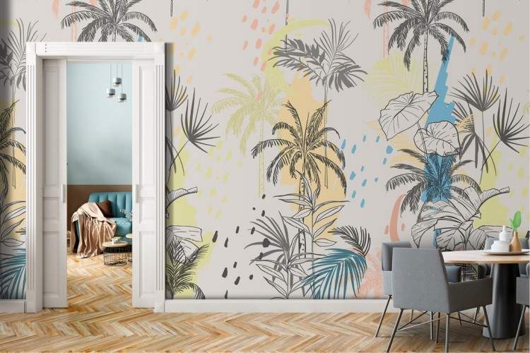 Carta da Parati palme tropicali stilizzate pattern moderno.