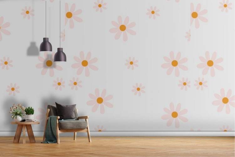 Wallpaper with stylized pink orange flowers nature.