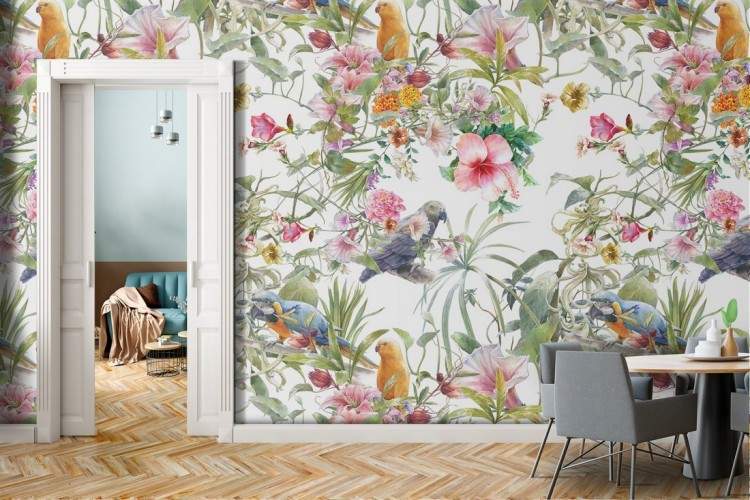 Tropical flowers and parrots wallpaper.