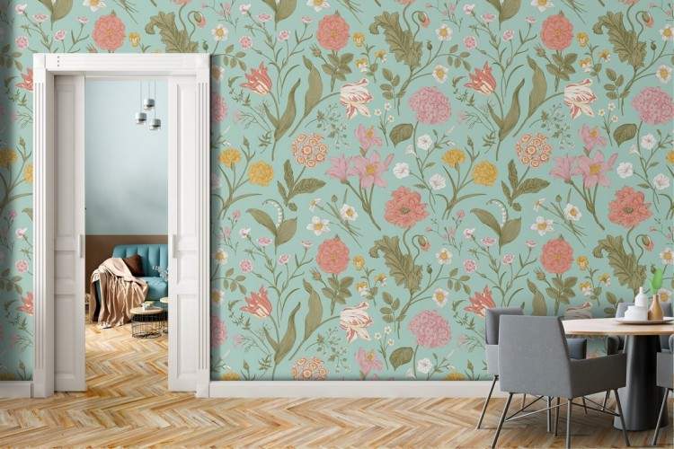 Vintage nature wallpaper with flowers and leaves.