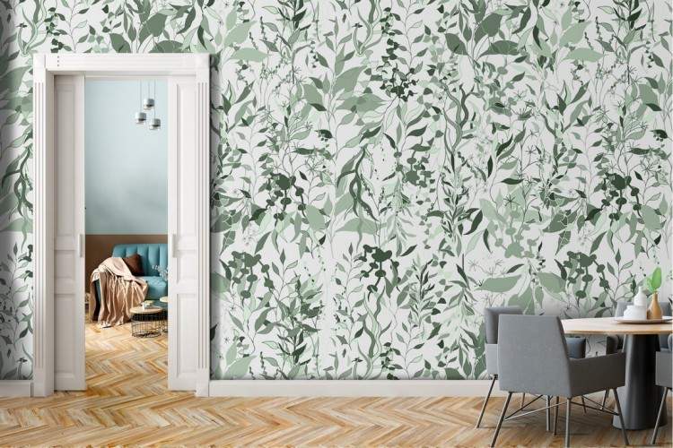 Green climbing leaves wallpaper nature pattern.