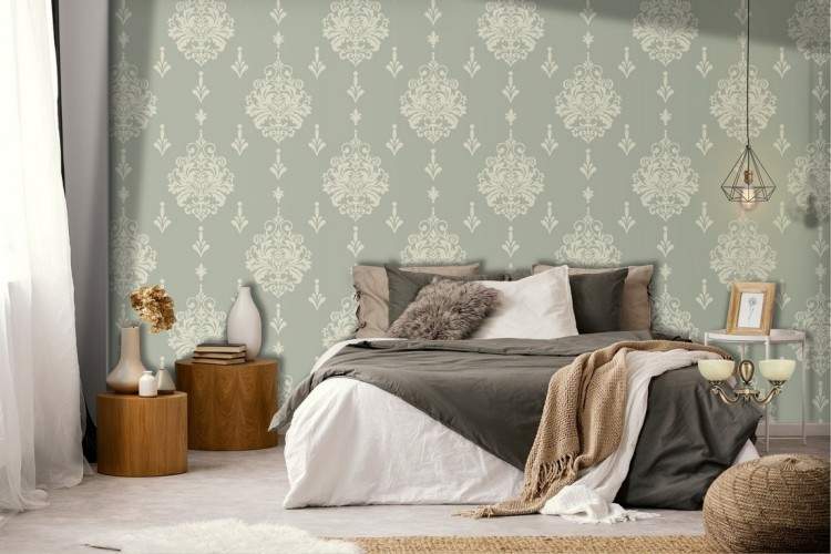 Vintage Damask Wallpaper Green Pattern.