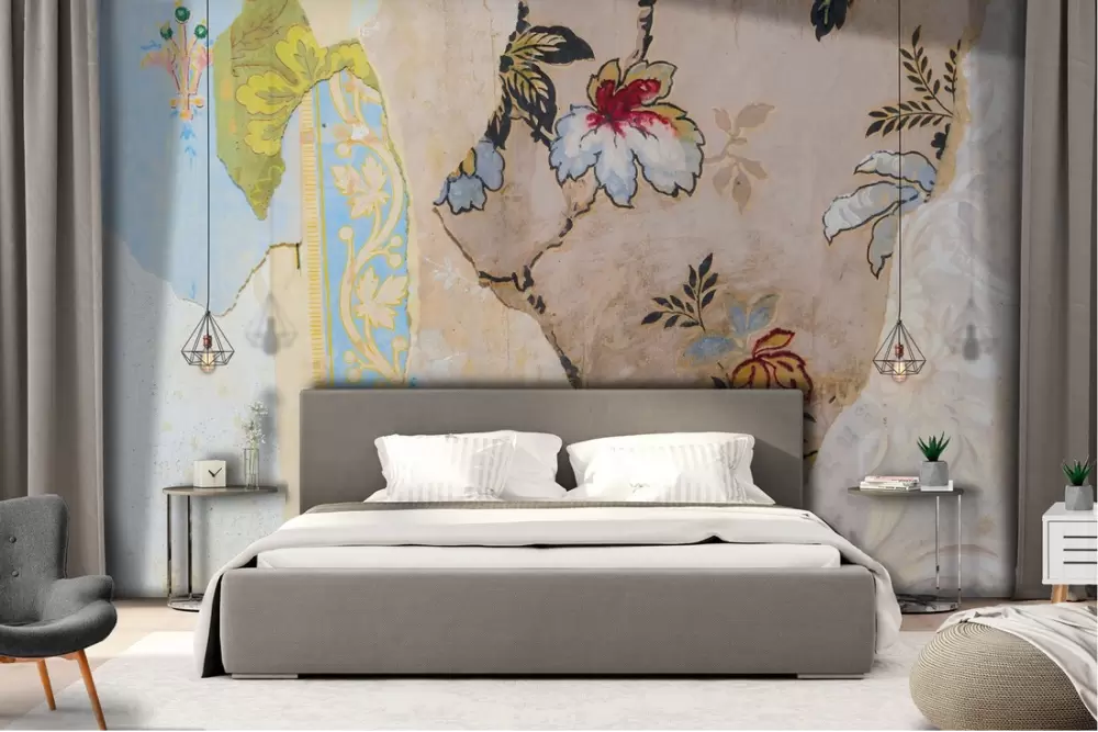 Vintage painted wallpaper worn on wall and wall stickers