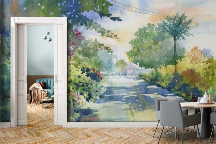 Wallpaper dipinto astratto natura foresta con strada