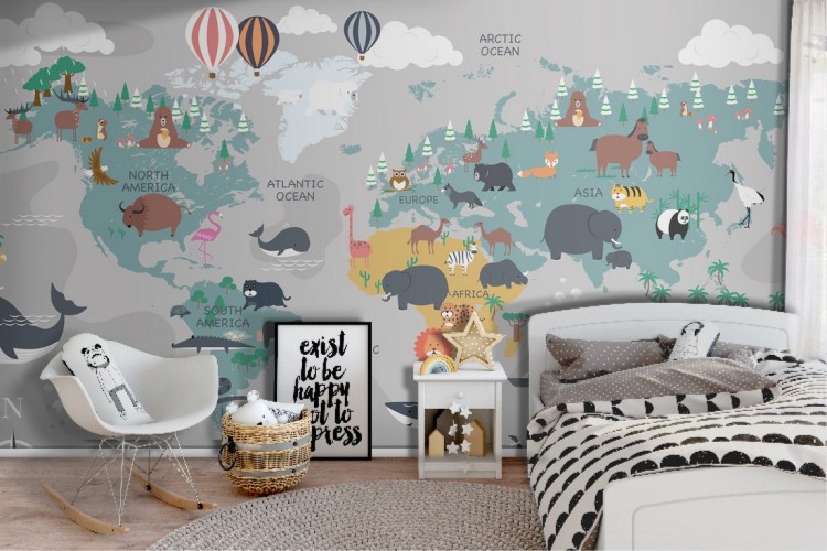 Children's world map wallpaper with animals