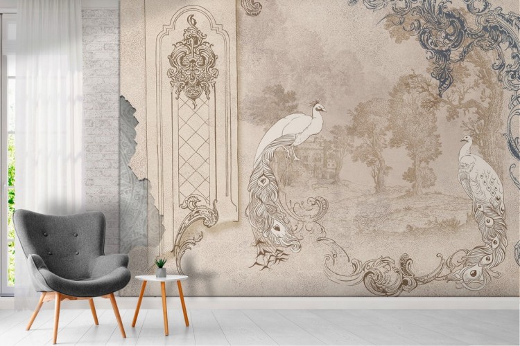 Wallpaper with plaster surface featuring animals and decorations