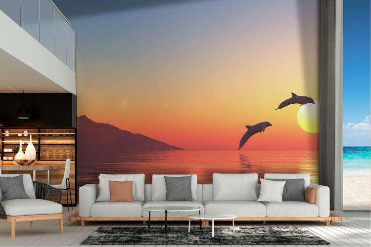 Wallpaper sea with dolphins landscape sunset dawn