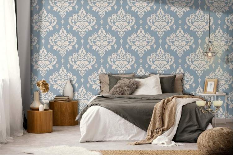 Vintage damask wallpaper in light blue.