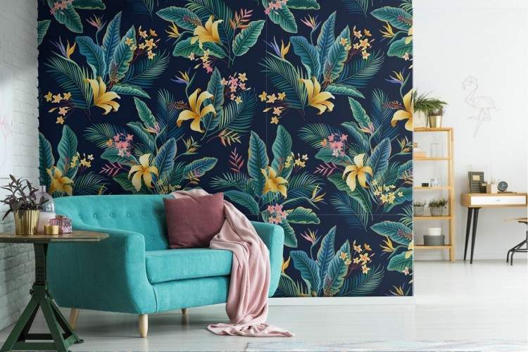 Modern nature wallpaper with tropical flowers and leaves.