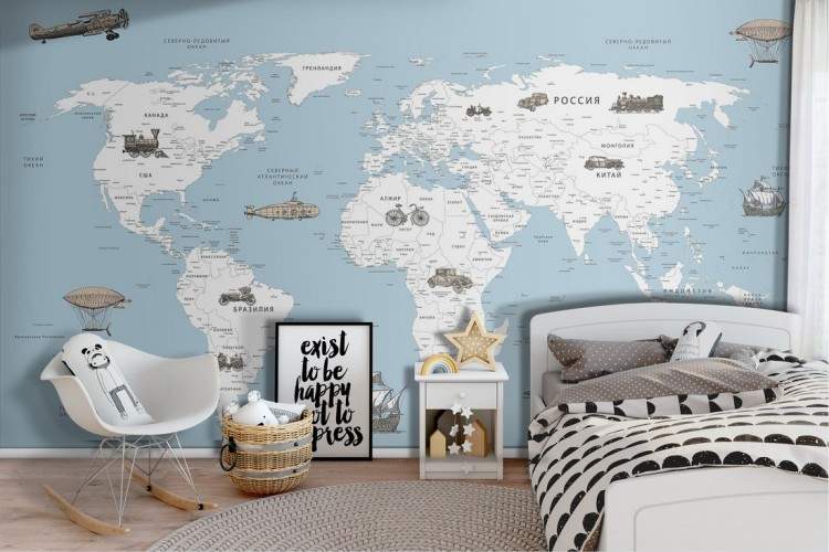 World map wallpaper with means of transport