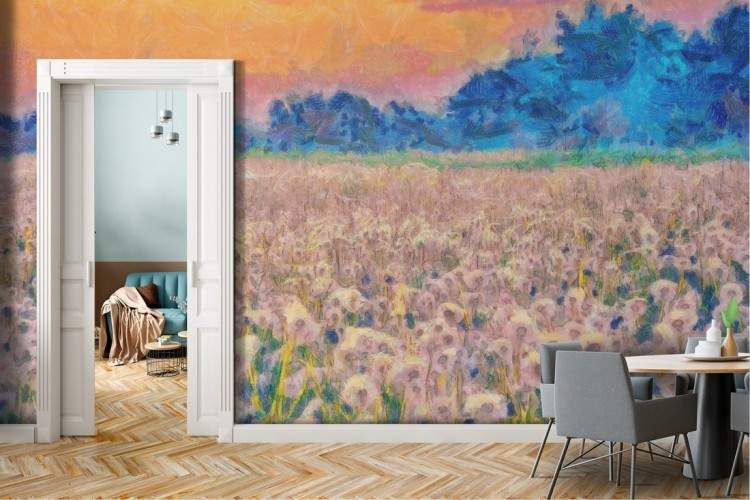 Wallpaper painted meadow with dandelions nature