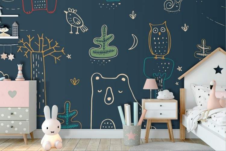 Wallpaper of stylized forest animals for children.