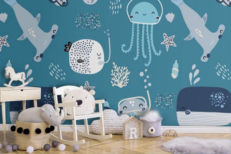 Marine animals pattern wallpaper for children.