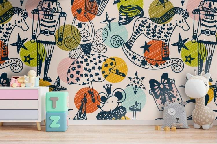 Children's wallpaper with nutcracker and ballerina characters.