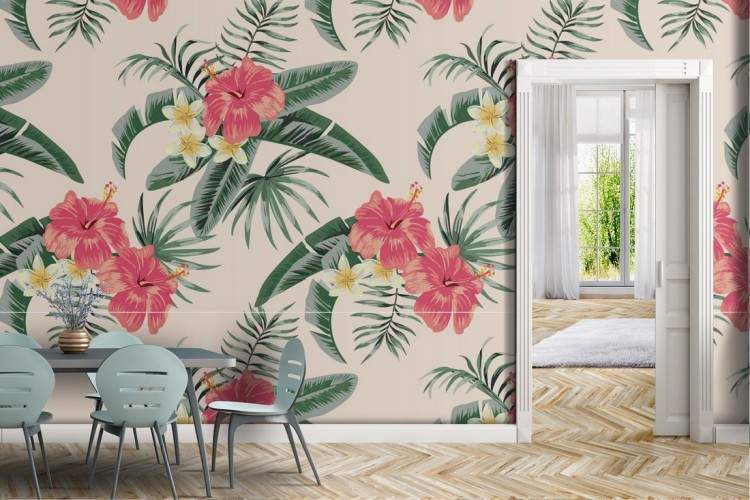 Tropical flowers and leaves wallpaper nature pattern.