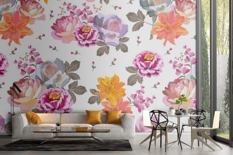 Pink and orange flowers wallpaper modern pattern.