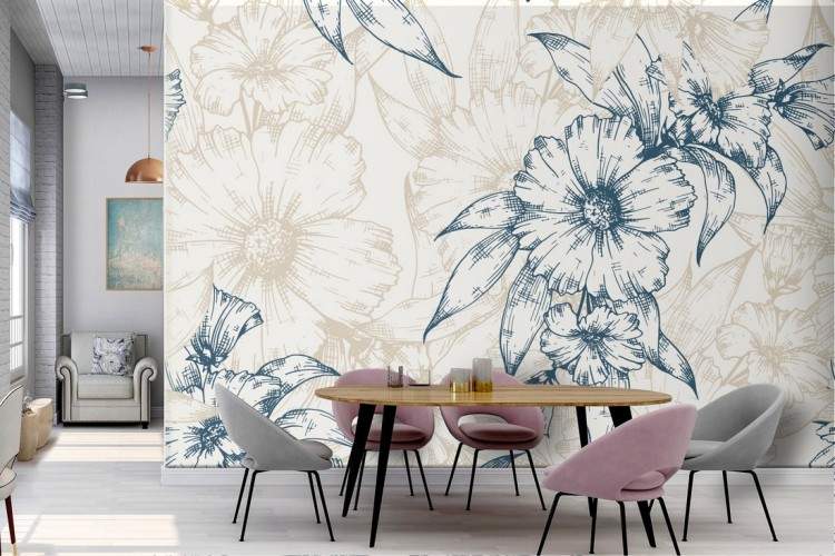 Wallpaper with stylized flowers in a vintage pattern.