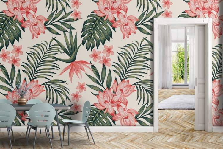 Tropical leaves wallpaper modern nature design.