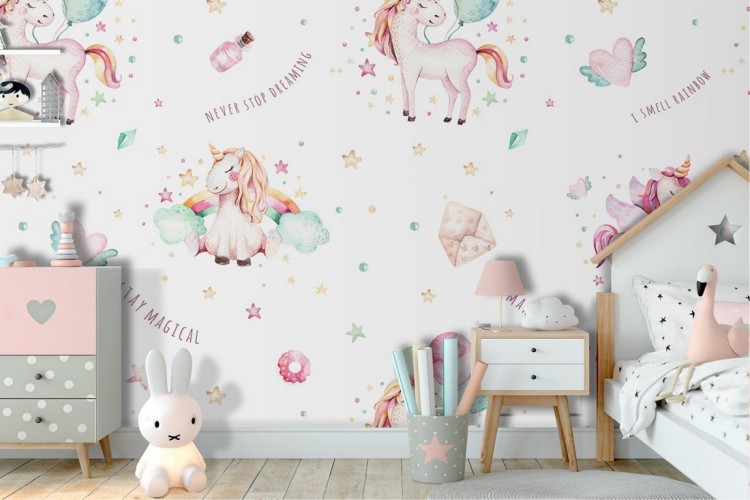 Unicorn fantasy wallpaper decoration for children.