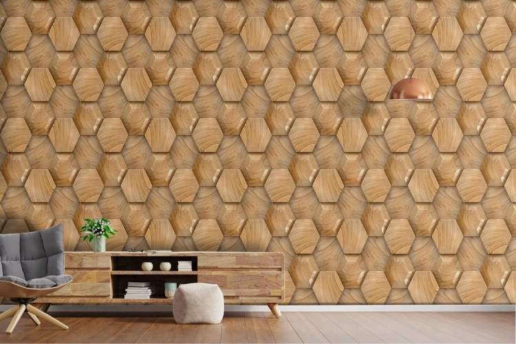 Wallpaper with hexagonal honeycomb wood surface