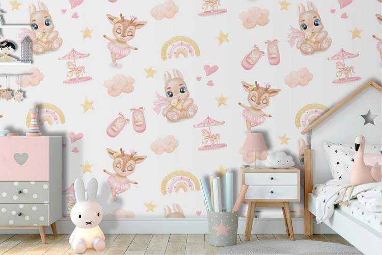 Wallpaper with dancing animals decoration for children.