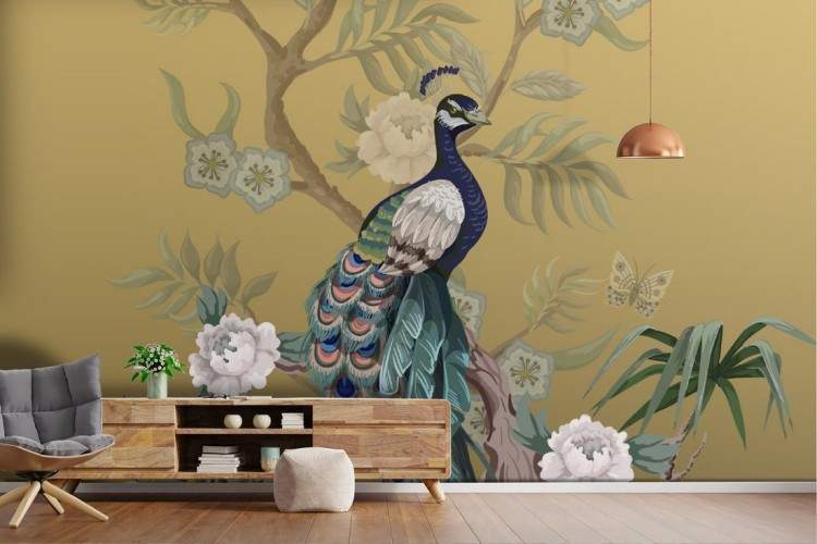 Peacock wallpaper with abstract nature luxury flowers