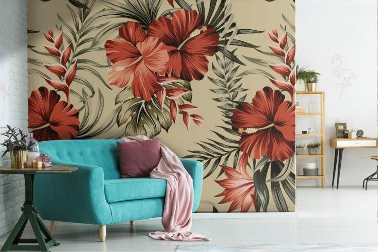 Tropical flowers and leaves wallpaper nature pattern.