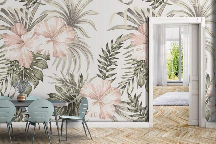 Pink flowers and tropical leaves nature pattern wallpaper.