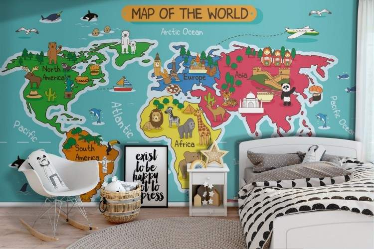 Stylized world map wallpaper with children's animals