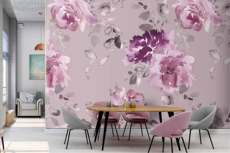 Modern nature pattern pink flowers wallpaper.