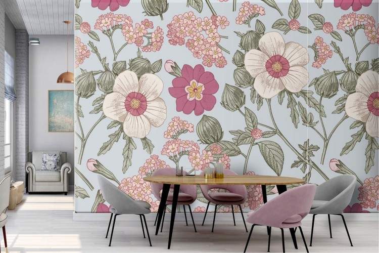 Pink flowers nature vintage pattern wallpaper.