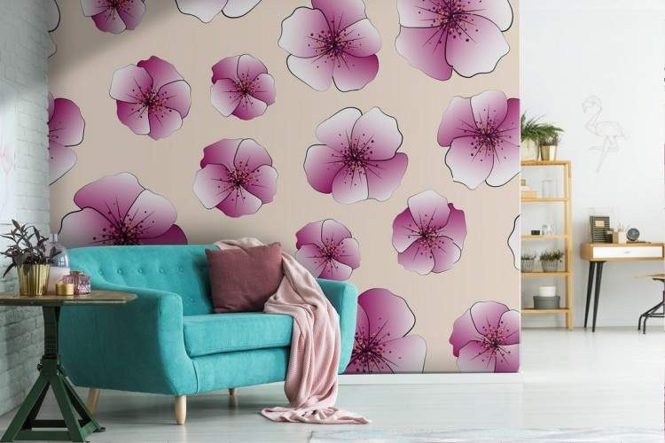 Pink flowers wallpaper modern nature pattern.