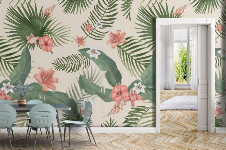 Wallpaper with tropical leaves and flowers nature pattern.