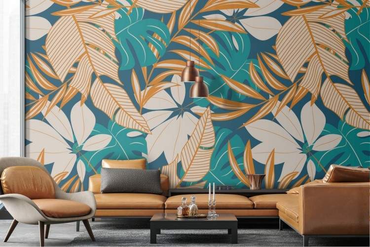 Tropical leaves wallpaper modern nature design.