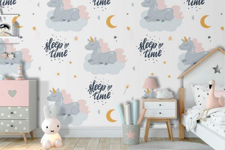 Unicorn fantasy wallpaper decoration for children.