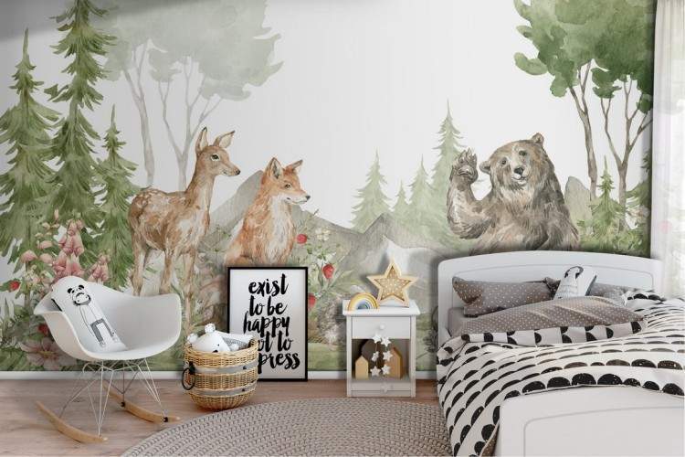 Wallpaper illustration children animals forest bedroom-17