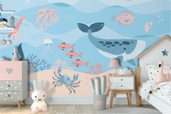 Carta da Parati pesci e animali marini bambini cameretta-29