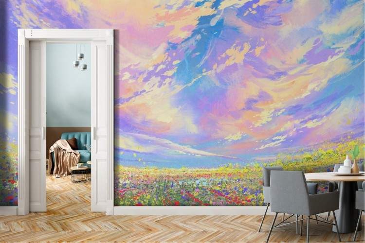 Flowered meadow landscape painted wallpaper