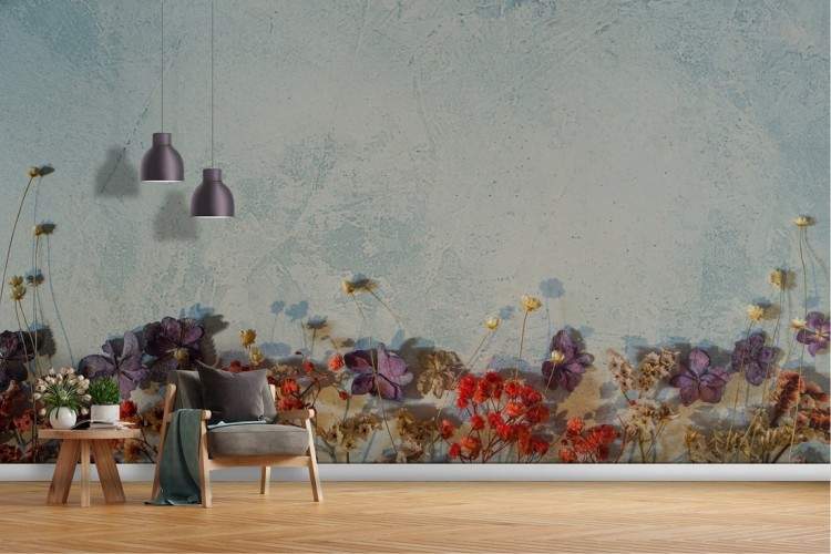 Blue concrete surface wallpaper with wilted flowers-58