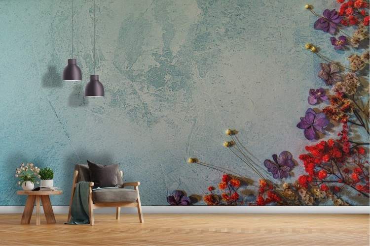 Wallpaper with blue cement surface and vintage flowers-68