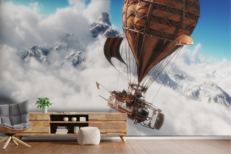 Fantasy hot air balloon mountain landscape wallpaper