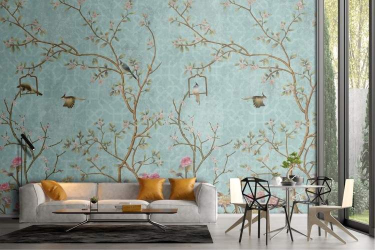 Wallpaper fiori e uccelli natura anni '50 vintage