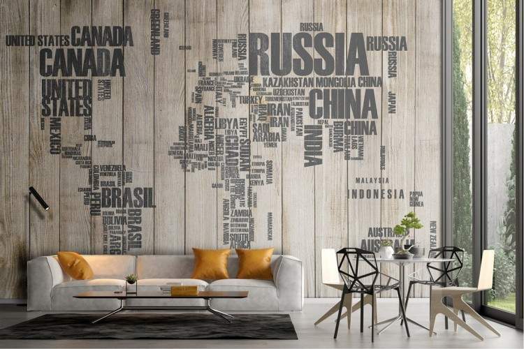 Stylized world map wallpaper with state names on wood