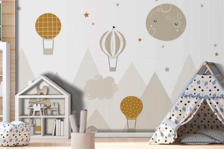 Hot Air Balloons and Mountains children's design wallpaper-0278