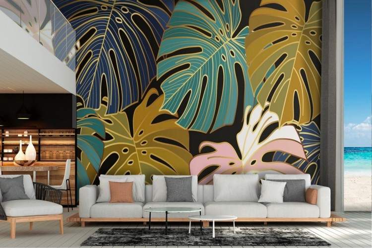 Tropical leaves stylized wallpaper in extravagant colors