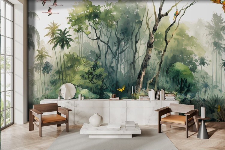 Tropical Pictorial Painted Wallpaper