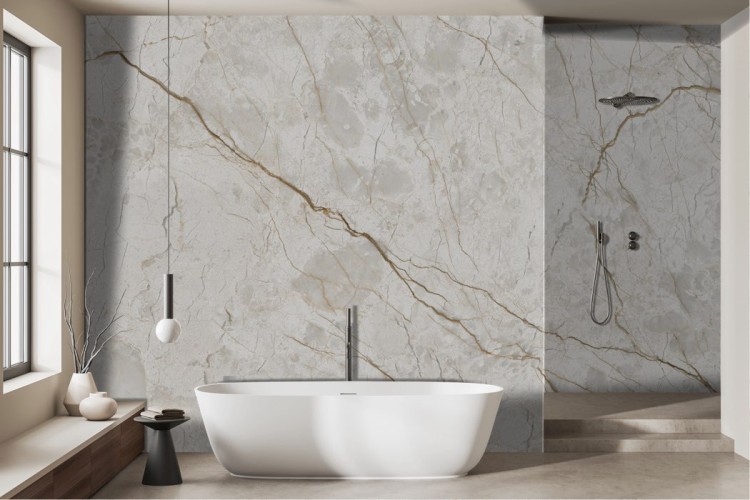 Marble Effect Wallpaper with Ochre Veins