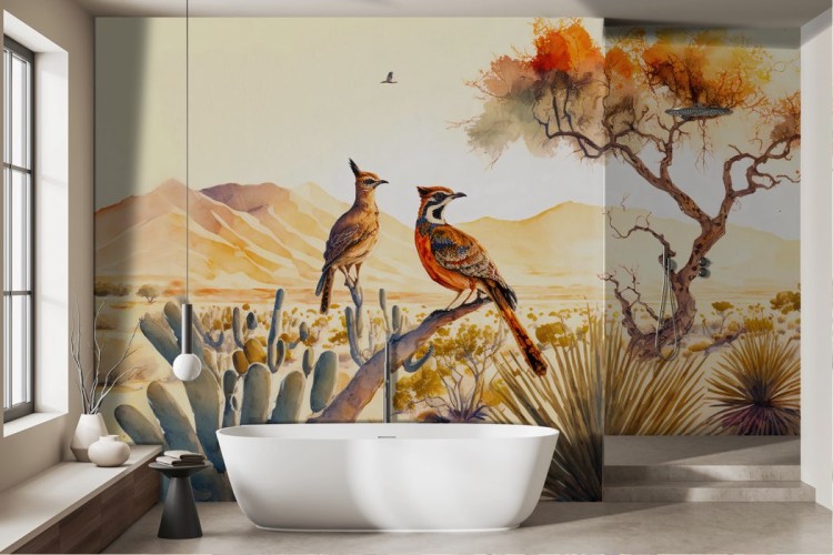 Watercolor Landscape Wallpaper with Birds