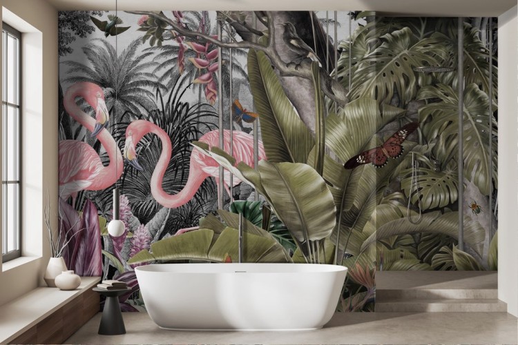 Jungle wallpaper with vintage flamingos